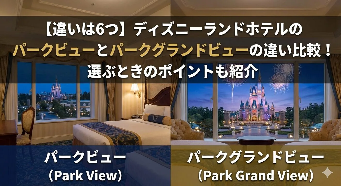 「【違いは6つ】ディズニーランドホテルのパークビューとパークグランドビューの違い比較！選ぶときのポイントも紹介」のアイキャッチ画像